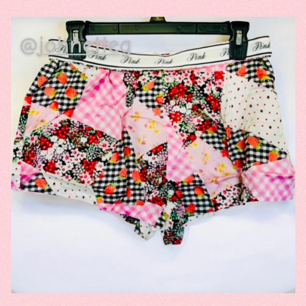 PINK VICTORIA’S SECRET Silky Pajama Shorts Patchwork Gingham Berries Floral M